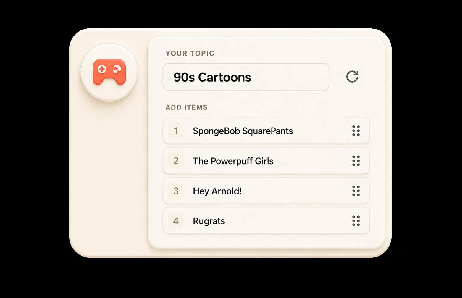 A custom game builder set up with a 90s Cartoons topic and four example items